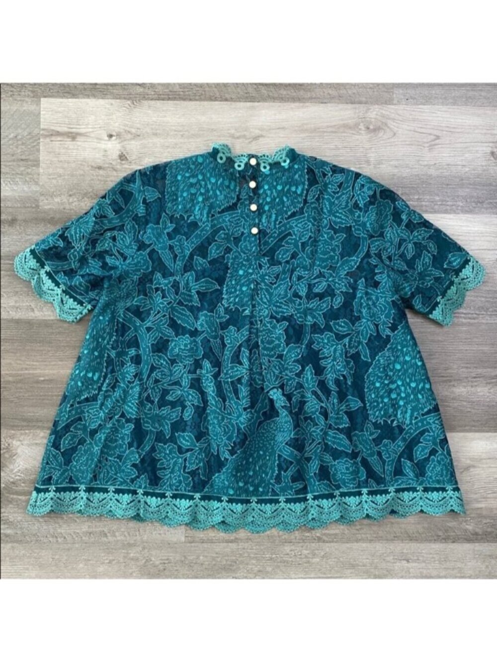 HD in Paris Anthropologie Lace Overlay Blouse Green Scallop Trim $118 Sz 10 - Picture 3 of 11